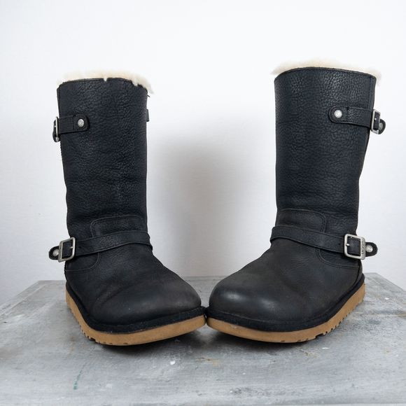 UGG Kensington Black Leather Biker Moto Boot Fur Lined - Picture 2 of 9